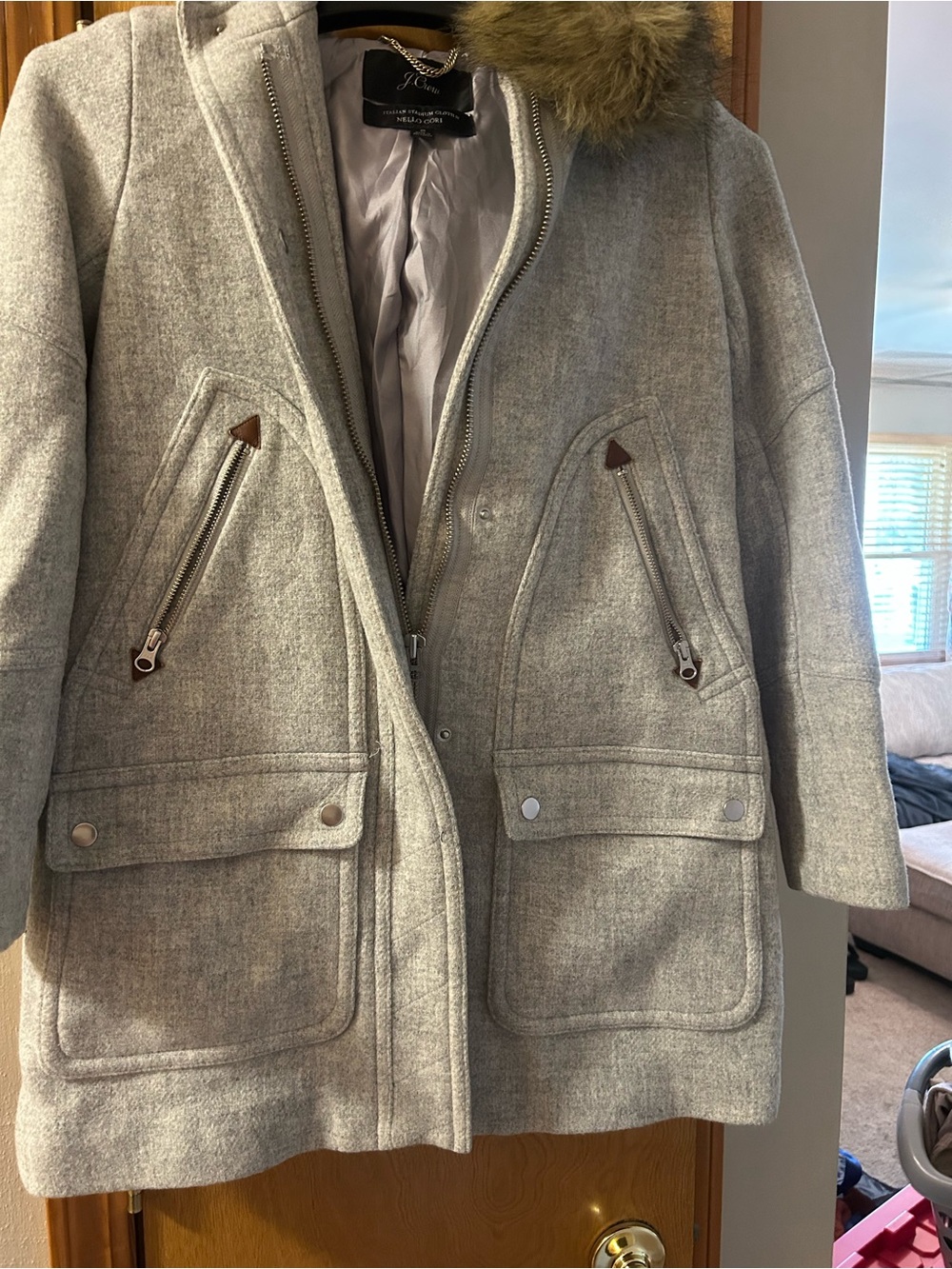 J. Crew Light Gray Wool-Blend Pea Coat with Faux Fur Trim